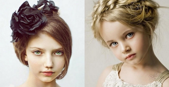 black rose hair ornament, decorating the head of a, young brunette girl, wearing an up-do, cute girls hairstyles, next image shows, a small blonde child, with a crown braid