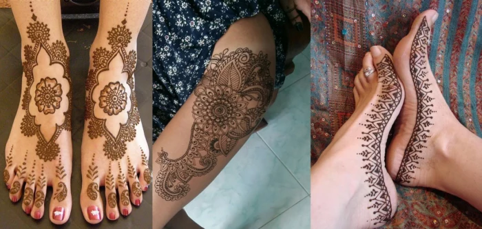 henna patterns in dark brown, decorating the top part of pair of feet, the side of an upper thigh, and the side of the soles of a pair of feet
