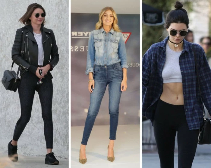 gigi hadid and kylie jenner, wearing skinny jeans and black leggings, with black leather jacket, faded denim shirt, and cropped top, under a blue flannel shirt
