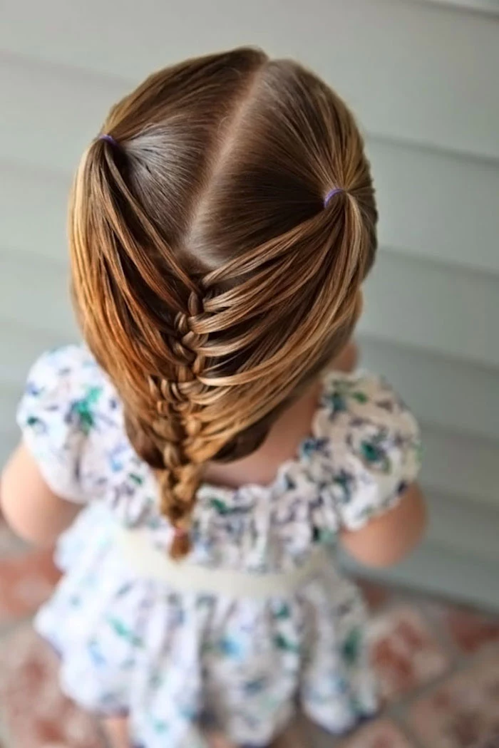 caramel blonde hair, tied in two pigtails, and then braided, on the head of a small child, in a floral dress, cute girls hairstyles 