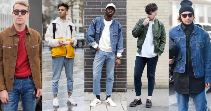 vintage clothes ideas, brown corduroy jacket, pale blue rolled-up jeans, 90s clothes mens, denim jackets and t-shirts