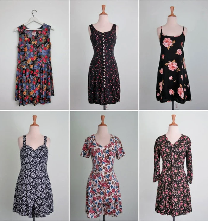 flower patterns in different styles and sizes, on six mini dresses, sleeveless and strappy, short and long-sleeved, black white and multicolored