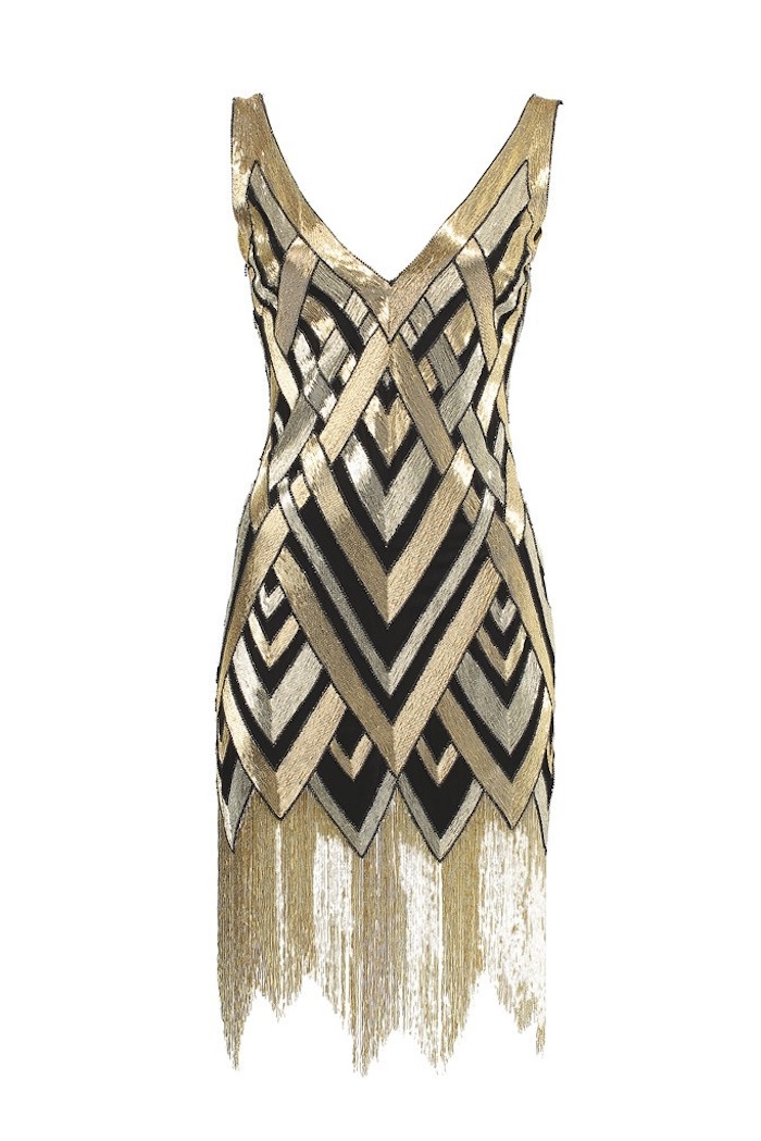 sleeveless gatsby themed dress, in black and silver and gold, featuring a v-shaped neckline, and a long fringed gold hem