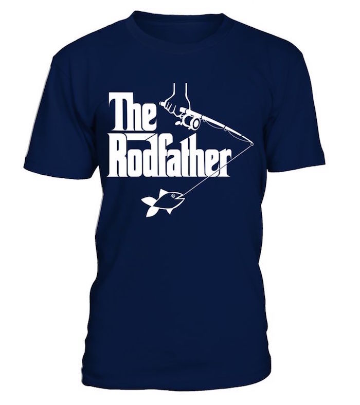 dark blue plain t-shirt, with a white print, depicting a hand holding a fishing rod, with a caught fish, with the words the rod father