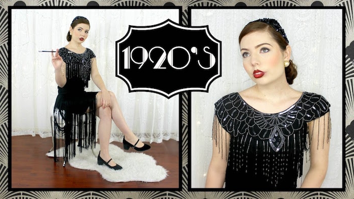 full-body and close up images, of a woman in a black, gatsby inspired dresses, with long fringed hem, and silver art deco embroidery, she's wearing 1920s make up, and holding a long cigarette