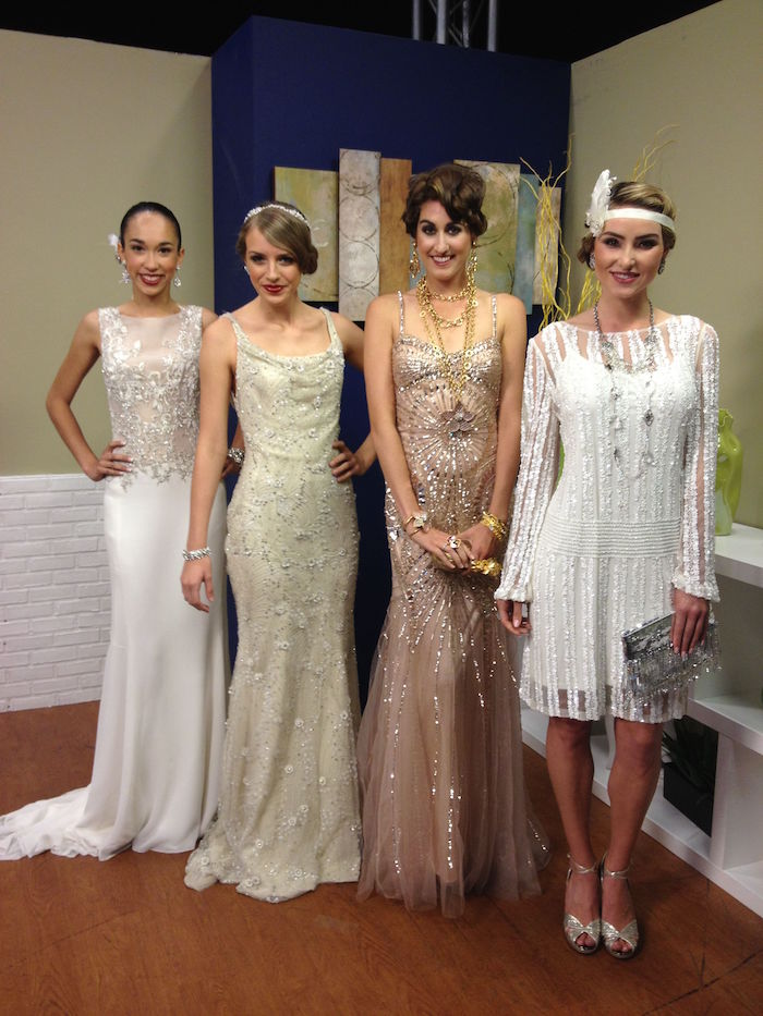 cream and white and nude pink, elaborately embroidered gatsby inspired dresses, on four smiling women, with 1920s hairstyles and accessories, how to dress up for a roaring 20s party