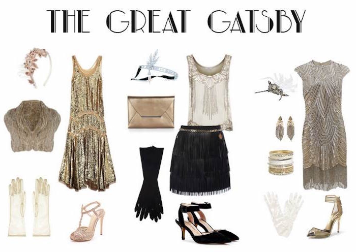 skirt with fringe in black, and a cream embroidered top, next to two gatsby inspired dresses, in gold and silver, surrounded by 1920s accessories