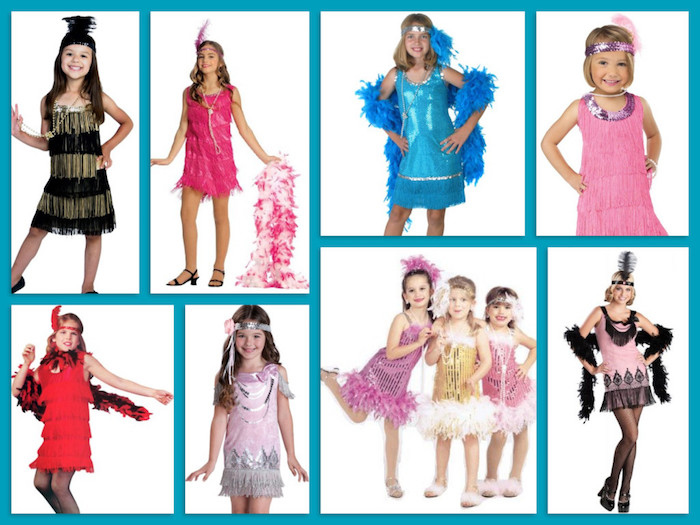 children and a young women, all wearing gatsby inspired dresses, in various colors and styles, accessorized with headbands and feather boas