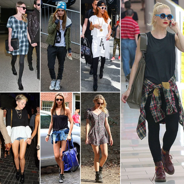 seven female celebrities, wearing different 90's clothes, retro mini dresses, flannel shirts round their waists, shorts and baggy pants