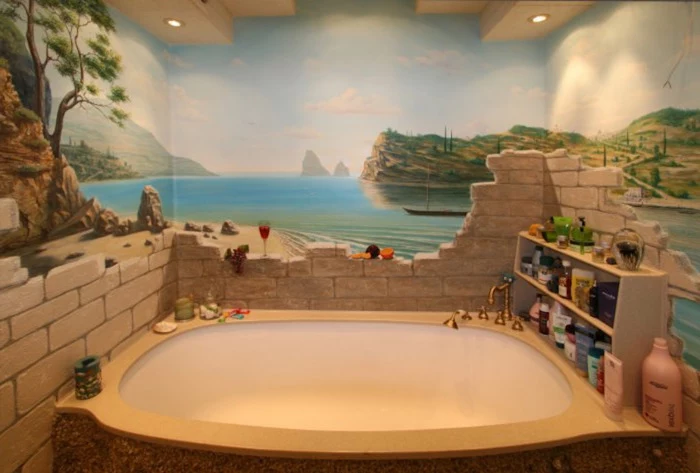 broken wall in grey, and a seashore landscape, hand-painted on the walls of a room, diy bathroom decoration, and a large bathtub