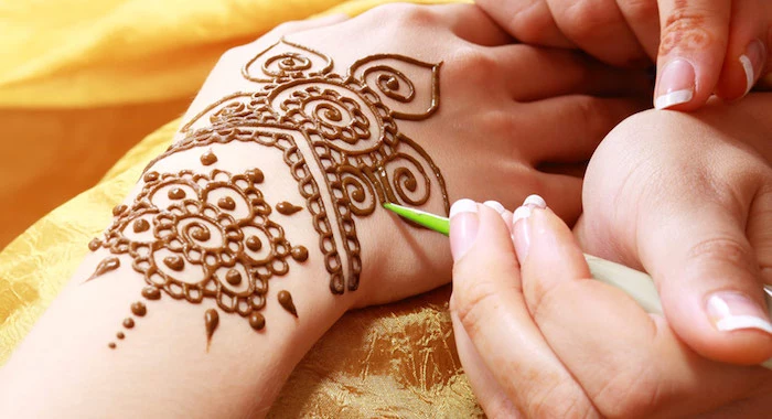 close up of a hand, drawing a henna tattoo, on another person's wrist and hand, using a green cone