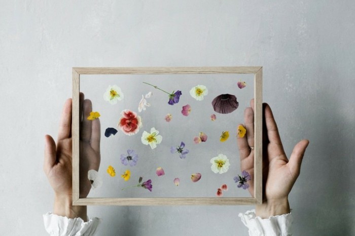 pressed flowers inside a glass panel, with a light wooden frame, cute birthday ideas, held by two hands, in frilly white sleeves