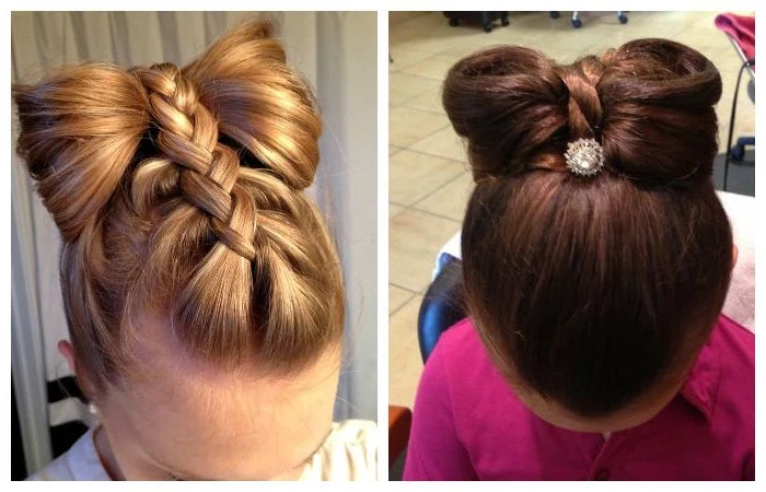 similar braided hairdos, with large bow-like details, kids hairstyles, one done on honey blonde hair, and one on chocolate brown hair