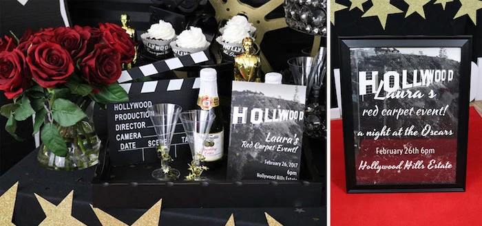 champagne and two glass flutes, a bouquet of red roses, and a gold oscar figurine, on a black surface, near a clapperboard and other items, 60th birthday decorations