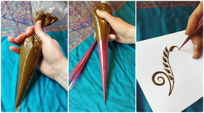 plastic cones filled with henna, held by a pale hand, next image shows hand painting with henna, on a white piece of paper