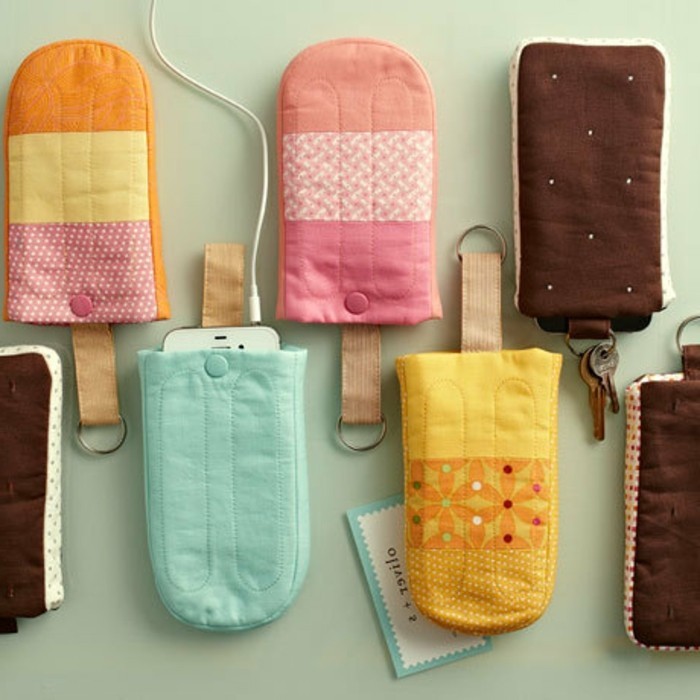mobile phone covers, shaped like ice creams on a stick, handmade gifts, made from pieces fabric, in different colors