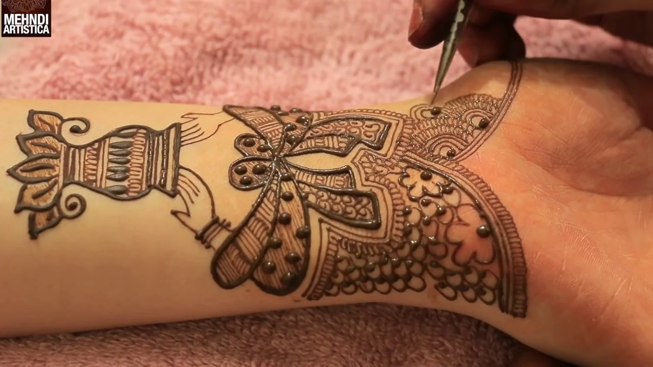 adding the finishing touches, on a traditional mehndi, drawn with brown henna, cute henna designs, depicting hands holding a vase