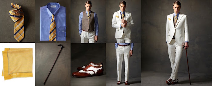 how to dress like jay gatsby, 20s mens fashion, white two-piece suit, brown vest and blue shirt, with a yellow patterned tie, two tone oxford shoes, yellow pocket handkerchief and a cane