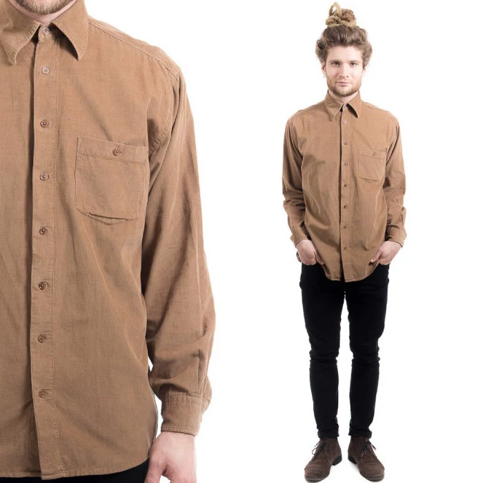 corduroy button up shirt in beige, worn by a man with black skinny trousers, and brown suede shoes, 90s clothes mens, blonde man bun