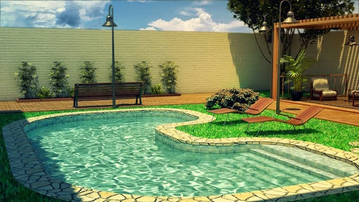 bench and two sun beds, near a kidney-shaped pool,in a garden with bright green grass, surrounded by a white brick wall