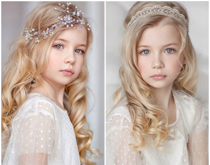 two images of a young girl, with long curled, light blonde hair, hairstyles for little girls, dressed in a white lace dress, and wearing a different hair ornament, in every picture 