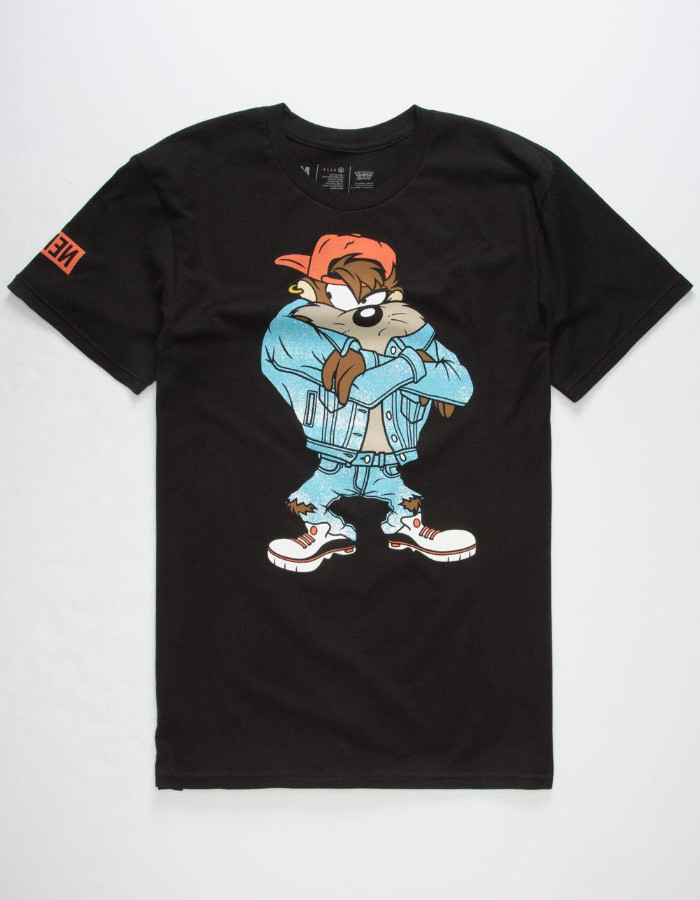 90s themed outfits, black t-shirt with a colorful print, featuring taz the tasmanian devil, from looney tunes, wearing 90s streetwear