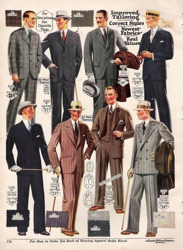 old page from a 20s mens fashion magazine, with eight color illustrations, of men in vintage suits and hats, holding coats and canes