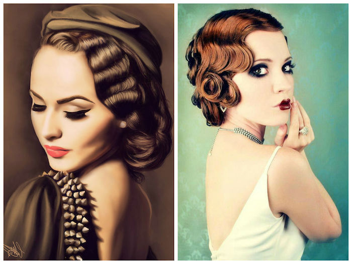 digitally painted images, of two young women, with flapper style hair and make up, one wearing a brown dress, and the other a white slip