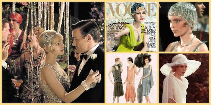 shots from two film adaptations of the great gatsby, showing mia furrow and carey mulligan, in gatsby inspired dresses and accessories, magazine cover and sketch, great gatsby themed party outfit