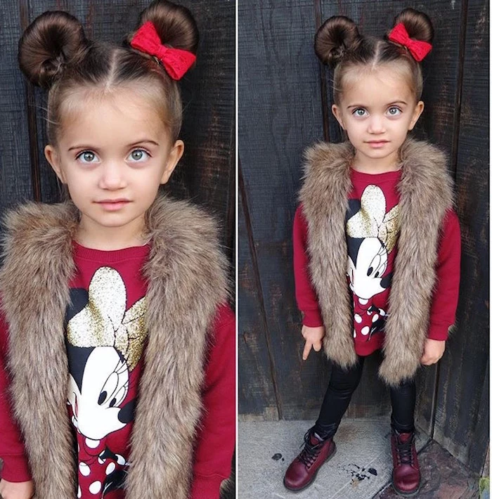 faux fur vest, worn over a red sweater, with a minnie mouse print, and black leggings, by a child with two buns, on each side of her head, little girl hairstyles, red bow decorating one of the buns