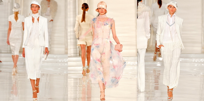 contemporary clothes in pale pink and white, inspired by roaring 20s fashion, midi dress with a blazer, floaty floral dress with a cloche, pinstripe suit with a fedora