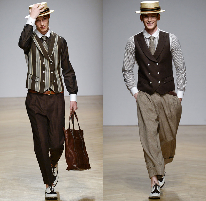 young men's great gatsby costumes, black trousers and shirt, worn with a striped vest, beige trousers and a pinstripe shirt, worn with a black vest, straw flattop hats