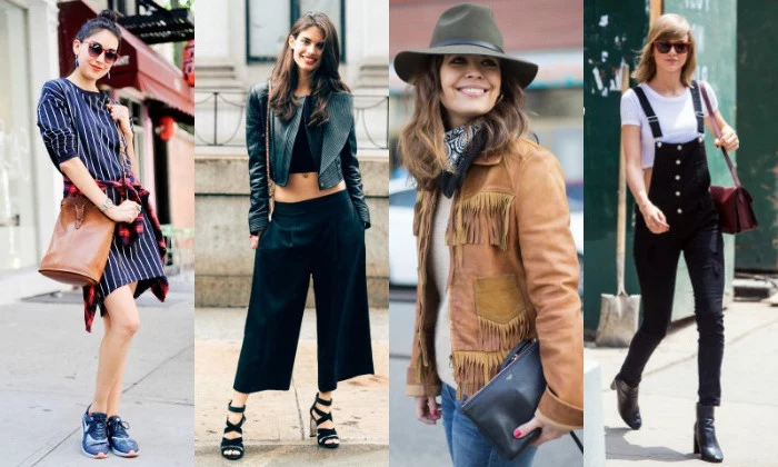 suede leather jacket, in beige with fringe, striped mini dress and flannel shirt round the waist, black skinny overalls, wide baggy pants, on four women