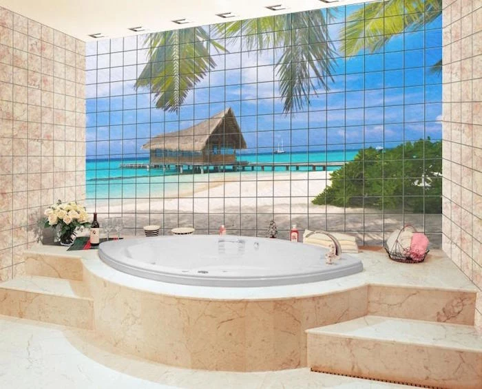 exotic beach landscape, with palm trees, and a straw hut, on a tiled wall, inside a bathroom with a round tub