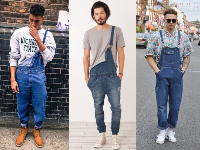 faded partially unbuttoned overalls, with elasticated wist, retro denim 90s overalls, worn with a plain t-shirt, a large jumper, and a patterned shirt