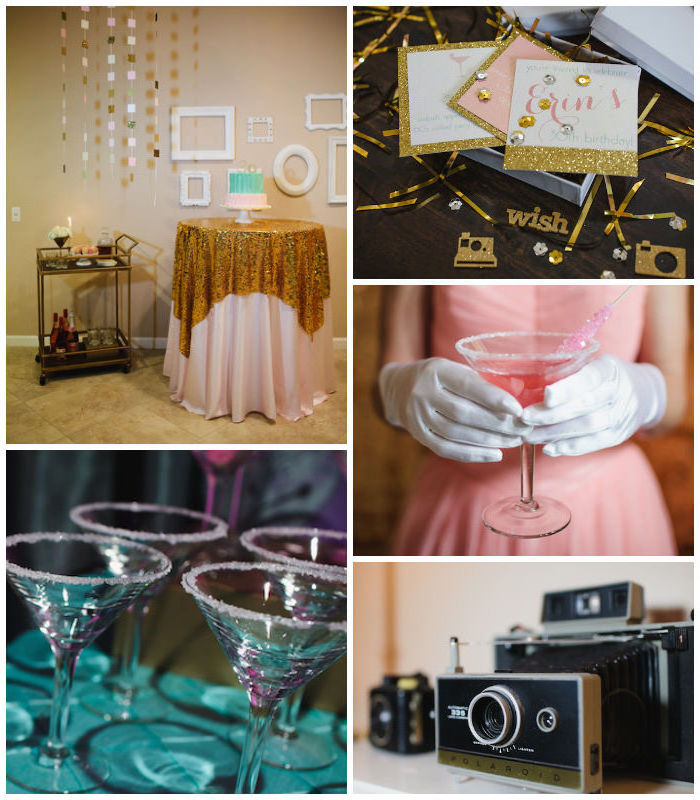 hands in white gloves, holding a cocktail glass, with sugar coated rim, filled with pink liquid, vintage camera and more cocktail glasses, pink and gold party setup, and matching invitations, mad men theme