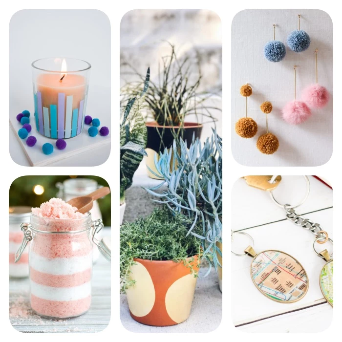 diy christmas gifts, photo collage of different gift ideas, bath salts candles and ceramic pots, keychains and earrings
