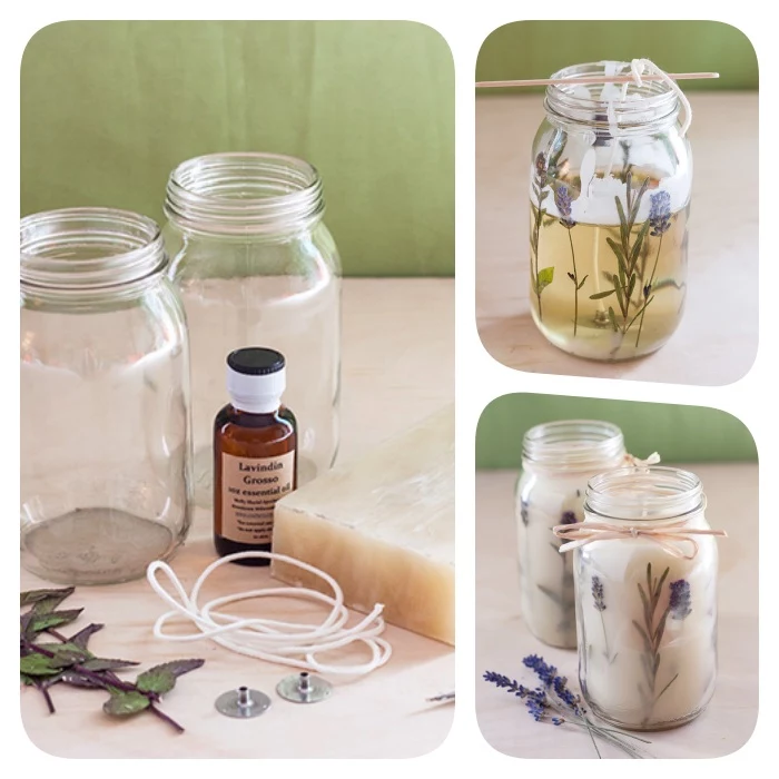 photo collage of step by step diy tutorial, diy birthday gifts, how to make candles with lavender branches inside