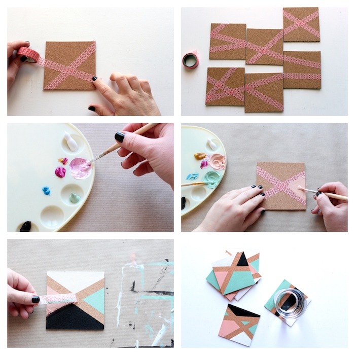 diy christmas gifts for boyfriend, photo collage of step by step diy tutorial, colorful geometrical coasters