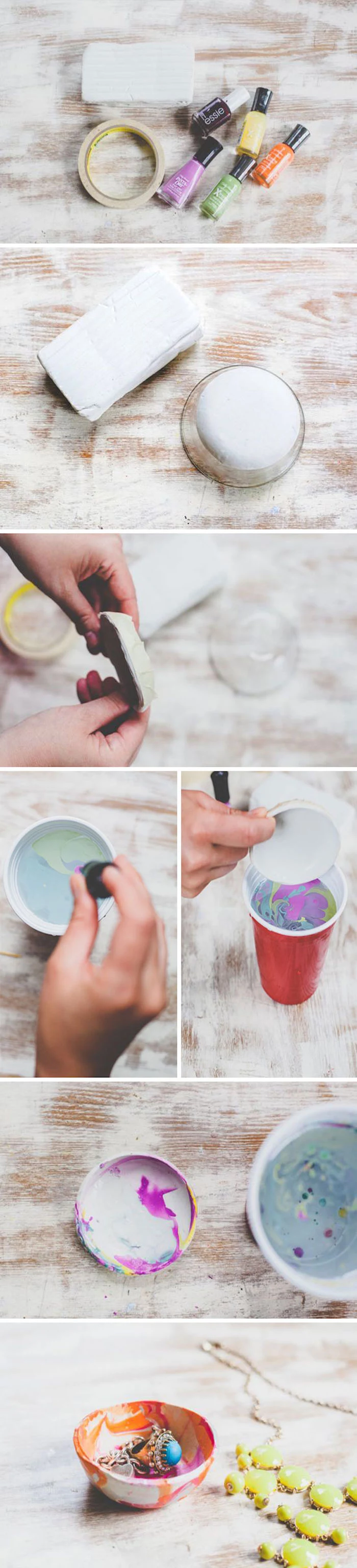 photo collage of step by step diy tutorial, how to make a jewelry bowl out of clay, diy christmas gifts for boyfriend