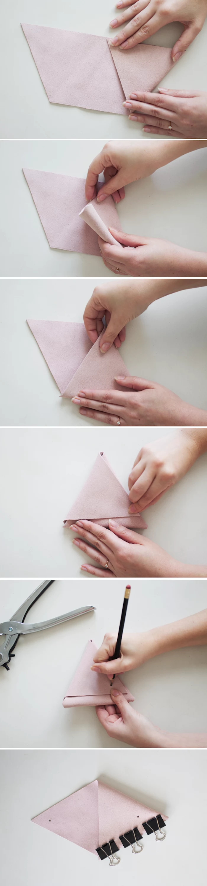 photo collage of step by step diy tutorial, diy gifts for friends, how to make pink leather pouches, wall mounted organizers