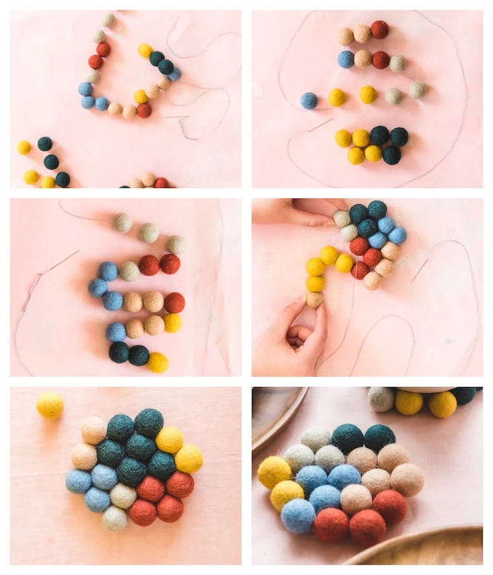 photo collage of step by step diy tutorial, how to make coasters with colorful pompoms, homemade christmas gifts