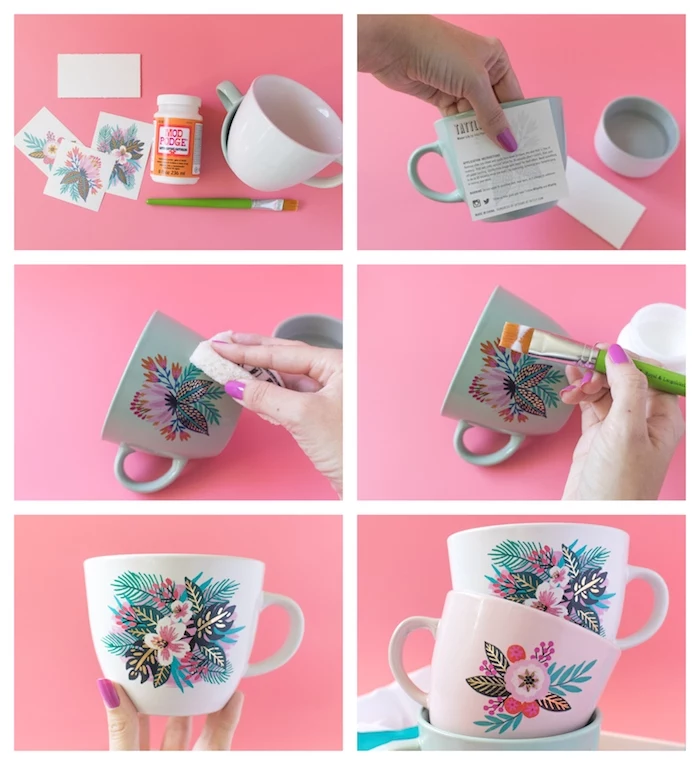 photo collage of step by step diy tutorial, diy gifts for friends, white coffee mug decorated with floral motifs