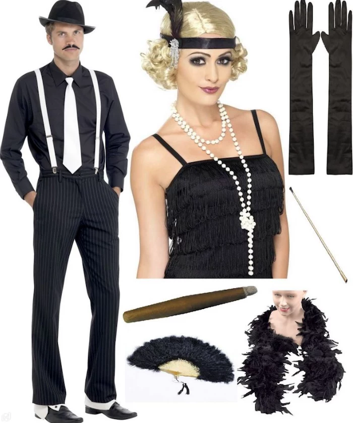 assortment of costumes and accessories, for a 1920s themed party, man in a retro gangster costume, woman in a black flapper dress and blonde wig, gloves and a feather boa