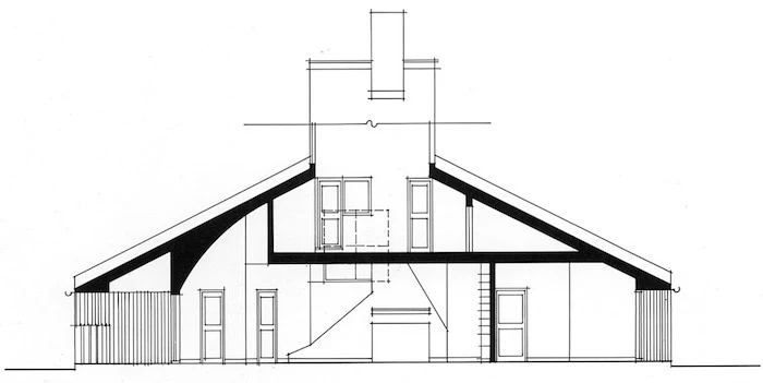 blue print of the vanna venturi house, post modernity architecture icon, drawn in black, on a white piece of paper