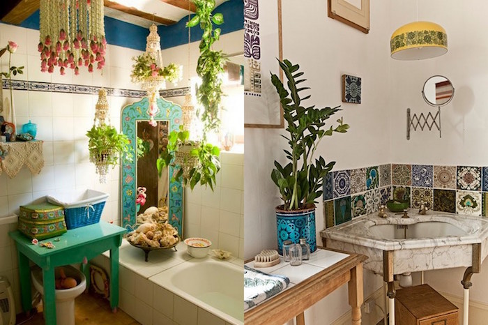 two boho style bathrooms, one has a small bathtub, a mirror in a turquoise ornamental frame, a small matching turquoise table, and lots of potted plants, small bathroom decoration ideas, the other one has an antique marble sink, a potted plant, and a white wall, decorated with a patchwork of Moroccan tiles 