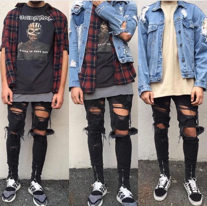 iron maiden t-shirt, worn under an unbuttoned, red flannel shirt, and a distressed denim jacket, 90s party outfits for guys, ripped black skinny jeans, with zip details
