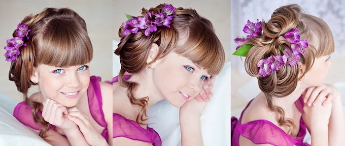 blue-eyed young girl, with brunette hair, styled into a formal up-do, and straight bangs, cute girls hairstyles, purple flowers in her hair