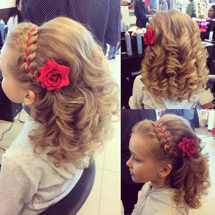 rose hair ornament in red, and a matching ribbon, braided into the hair of a small child, girl haircuts, curled dark blonde hair