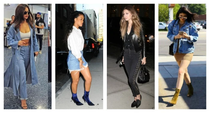 kylie jenner and rihanna, and other female celebs, wearing retro-inspired outfits, long pale denim coat, frayed denim mini skirt, black lace up trousers, oversized denim jacket